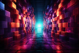 Fototapeta Perspektywa 3d - A long hallway with colorful cubes arranged in a grid pattern and a bright light at the end