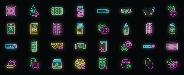 Poster - Cough drops icons set outline vector. Pill medicine. Drugs disease neon color on black