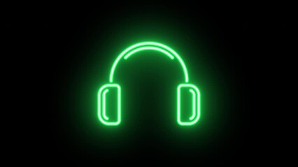 Poster - Neon headphones sign animation, uniform rotation with color blink. Glowing neon 3D headphones icon, looped spin. Dj earphones, game headset, listen music and podcast, playlist. 4 colors