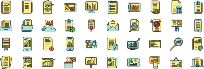 Poster - Business report icons set outline vector. File document. Invoice contract thin line color flat on white