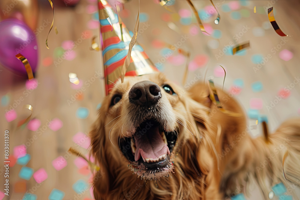 Happy cute dog wearing a party hat celebrating at a birthday party ...