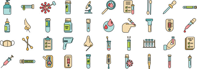 Poster - Covid test icons set outline vector. Corona prevention. Coronavirus kit thin line color flat on white