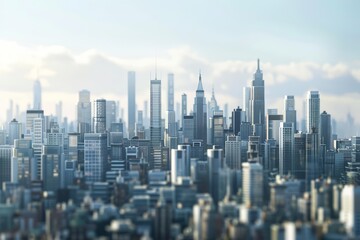 A stunning view of a modern city with skyscrapers reaching for the sky. The city is bathed in warm sunlight and a clear blue sky.