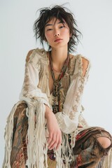 Artistic Boho Vibes: Full face no crop of a Pretty Young Japanese Super Model in a Flowy Boho Dress and Fringe Accessories, emanating bohemian creativity with a carefree smile