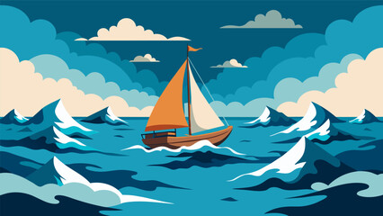 Wall Mural - A sailboat navigating through rough ocean waters with each port of call representing a therapy session and the final destination being a calm and.