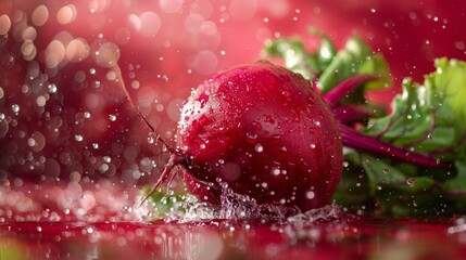 Wall Mural - Ripe red beet glistening with water droplets on a vivid pink bokeh background, capturing the essence of freshness and vibrant color. Generative Ai