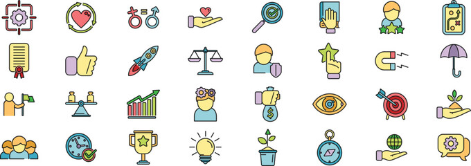 Sticker - Core values icons set outline vector. Client innovation. Integrity mission thin line color flat on white