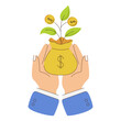 A hand is holding a yellow pot with money tree. Bag with plant with gold coins and leaves.