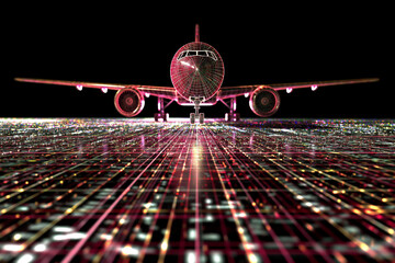 Wall Mural - airplane in the dark with binary code on the background, Airplane flying in the night sky with lights