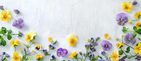 Canvas Print - Arrangement of flowers featuring yellow and purple blooms against a white backdrop. Representing the essence of spring and Easter, this flat lay image offers a top-down view with room for text.