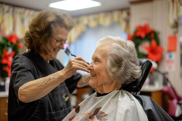 Wall Mural - A retirement home hosts a styling day with local stylists volunteering - boosting morale by providing haircuts and styles to residents