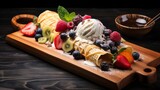 Fototapeta Big Ben - Wooden tray with pancakes and fruits with ice cream.