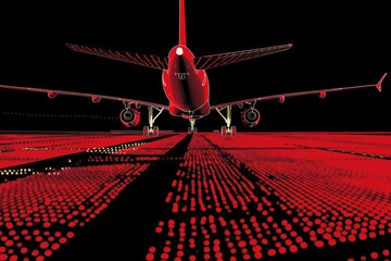 Wall Mural - Airplane on the runway with light on the runway, Airplane on black and red background,