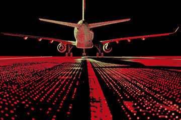 Wall Mural - Airplane on the runway with light on the runway, Airplane on black and red background,