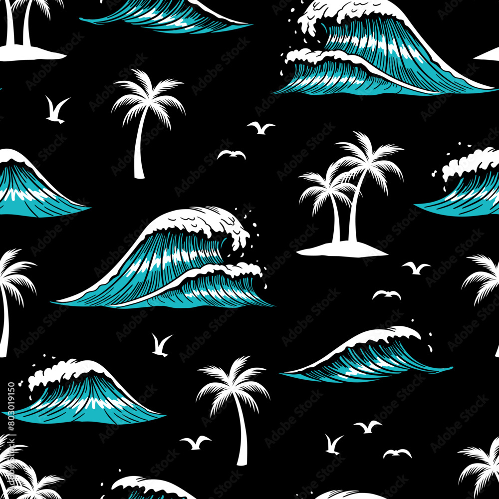 Seamless pattern with waves and palm trees. Hand-drawn vector summer ...