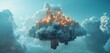 A cloud shaped like a fortress, floating in a digital sky, with walls and towers made of secure code and data blocks. 