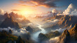 A high-altitude view of a cloud inversion in a mountain range at sunrise, with peaks emerging like islands in a sea of clouds, and the sun casting a warm, golden light over the surreal landscape.