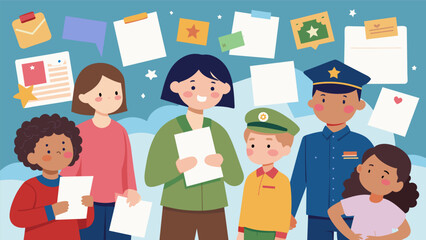 Wall Mural - A collection of handwritten letters from children thanking soldiers for their service and expressing their admiration. A heartwarming exhibit. Vector illustration