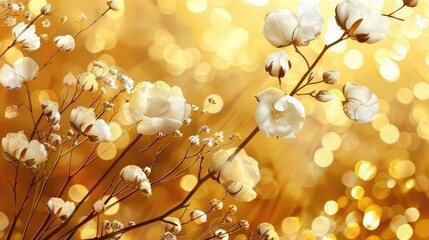 Wall Mural - A beautiful sprig of cotton on a yellow background, a place for text. Delicate white cotton flowers.