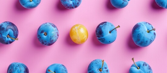 Wall Mural - A pink background featuring a pattern of blue homemade plums, alongside a single yellow plum, all arranged in a flat lay style with copy space in a top view.