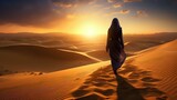 Fototapeta  - Desert Wanderlust: Arabian Woman's Sunset Walk Among Sahara Dunes