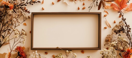 Canvas Print - Autumn-themed arrangement featuring a photo frame surrounded by dried flowers and leaves against a soft beige backdrop. Depicting the essence of fall, with a flat lay presentation, top-down view,