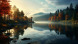 A quiet, misty morning on a lake surrounded by autumn-colored forests, where the mist partially obscures the trees and the reflection on the water, creating a serene and mysterious atmosphere.