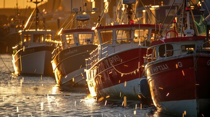 Sunset over small harbor with fishing boats