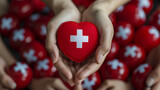Fototapeta  - Hand hält ein Herz von deutschen roten Kreuz internationaler Tag 4. Mai geöffnete Hände halten rotes Herz mit weißem Kreuz Generative AI 