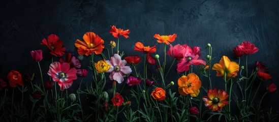 Wall Mural - Vibrant flowers set against a dark backdrop in a studio setting.