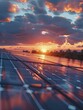 Stylized, minimalistic render of solar panels on an industrial roof at sunset, ideal for renewable energy campaigns and initiatives.