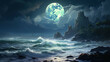 A thunderous, moonlit seascape where towering waves crash against the cliffs, and the moon's reflection on the tumultuous water adds a peaceful contrast to the scene's raw power.