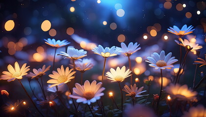 daisy flower garden at night time, daisy flower background and wallpaper