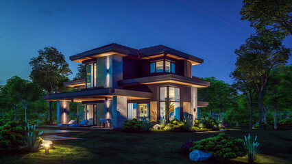 3d rendering of modern two story house with gray and wood accents, large windows, parking space in the right side of the building. Clear summer night with many stars on the sky.