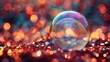 A perfectly round, iridescent soap bubble floating against a multicolored glitter background.