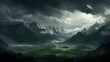 The calm before a storm in a mountainous landscape, where dark, brooding clouds roll over the peaks, and the tension in the air is palpable, yet there's a striking beauty in the ominous scene.