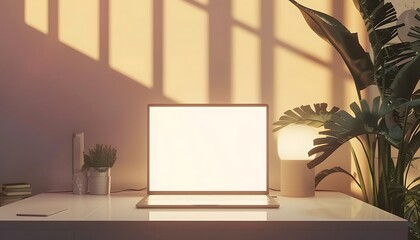 Poster - studio setting with a white screen laptop mockup in a modern room