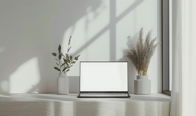 Poster - minimalist office scene with a sleek laptop mockup on a bright white screen