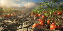 Farm Field Of Ripe Organic Red Tomatoes In A Field With The Sun Setting  Natural Background.