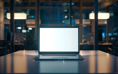 Poster - office scene with a modern laptop glowing on a sleek white screen