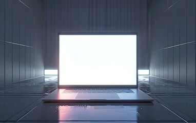 Poster - office scene with a modern laptop glowing on a sleek white screen