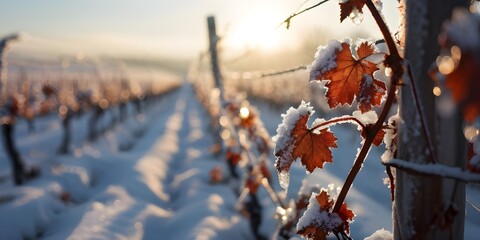 winter in the vineyard with snow blankets dormant vines and ambient light