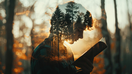 Wall Mural - Young man reading a book, double exposure with forest. Imagination and fantasy concept