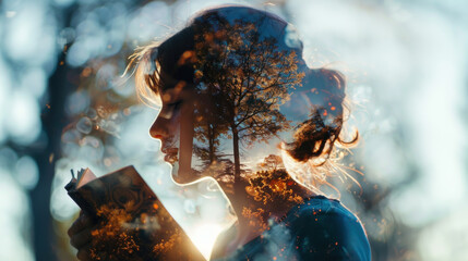 Wall Mural - Young woman reading a book, double exposure with forest. Imagination and fantasy concept