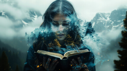 Wall Mural - Young woman reading a book, double exposure with forest. Imagination and fantasy concept