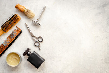 Set of shaving tools and cosmetic products in barbershop