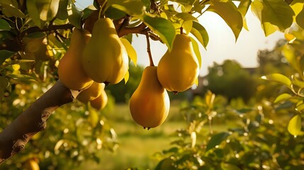 Wall Mural - Pear Harvest in Georgia: Ripe Yellow Pears on Sunlit Orchard Tree