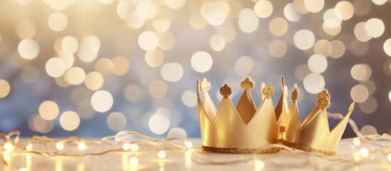 Gold crowns on blue background with bokeh lights