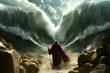 Artistic illustration of back view of Moses dividing the red sea in exodus