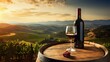 Sunny Wine Garden: Tuscany Background with Red Wine Bottle on Barrel